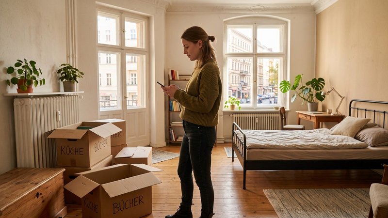 Eine Frau steht mit ihren Umzugskisten in einer möblierten Wohnung
