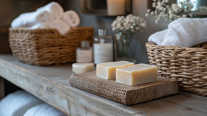 Upcycling im Badezimmer, Holzablage für die Seife und Bastkörbchen für Handtücher im Badezimmer