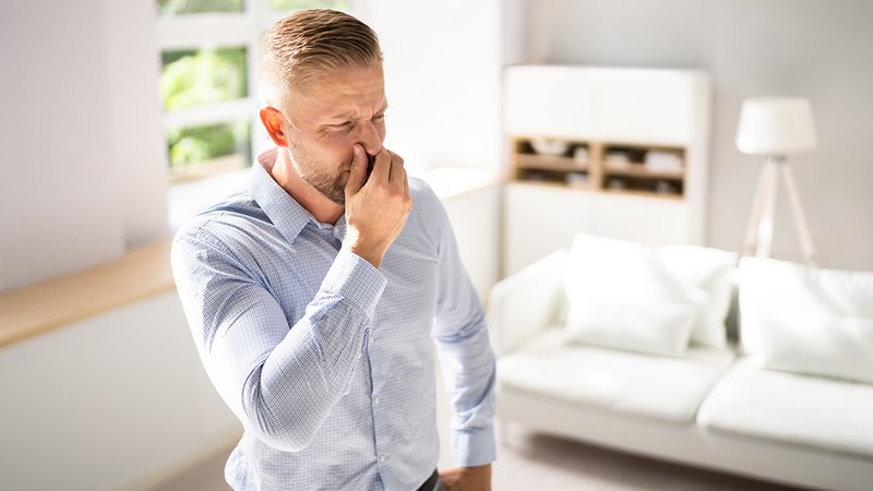 Gerüche Zuhause, Mann hält sich die Nase zu, weil es Zuhause stinkt