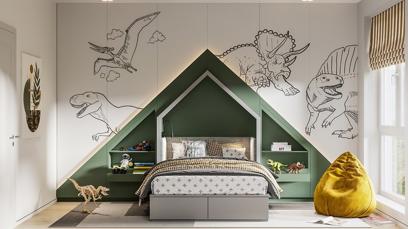 Ein Kinderzimmer im Dinosaurier-Look inkl. Wandbildern