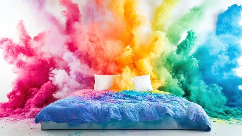 Traumwohnung: Regenbogenrauch und Pulver über einem Bett