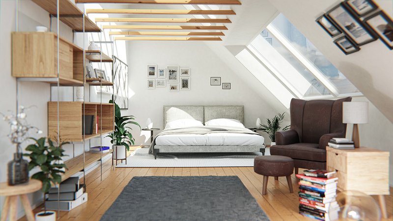 Zimmer mit Dachschräge einrichten, schön eingerichtetes Wohn- und Schlafzimmer in einer Dachschräge