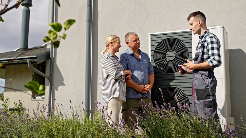 Wärmepumpe optimaler Zeitpunkt, älteres Ehepaar lässt sich von einem Techniker die Funktionsweise ihrer neuen Wärmepumpe erklären