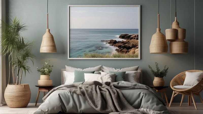 Sommer verlängern, Schlafzimmer mit Bild vom Meer über dem Bett