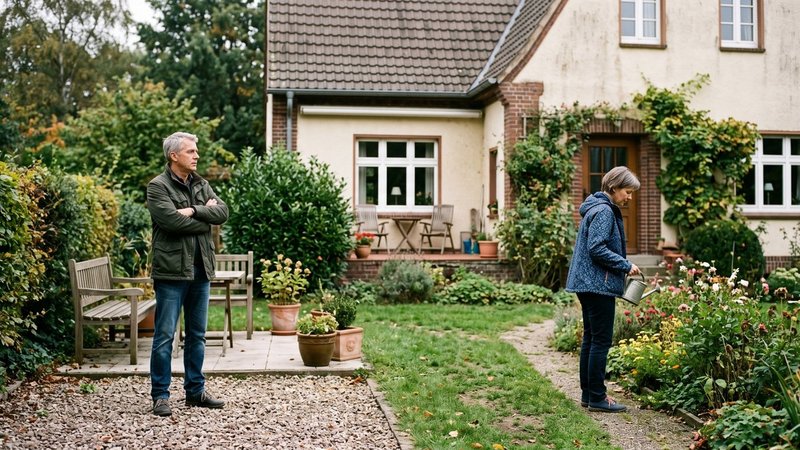 Zwei Miteigentümer stehen im Garten ihres Hauses