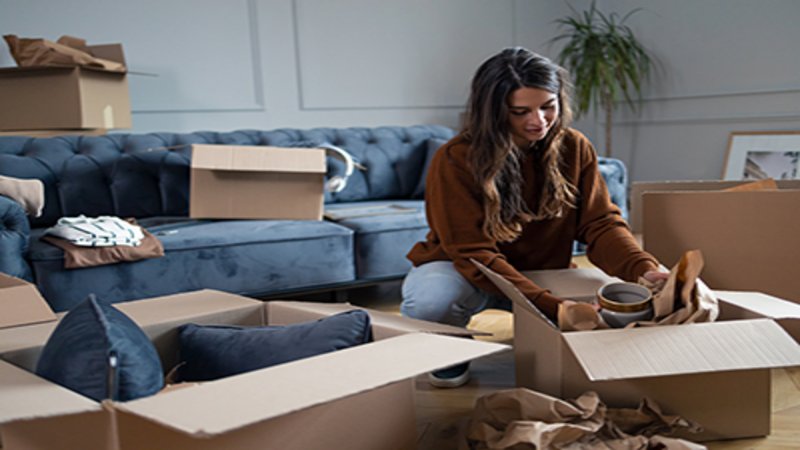 Umzugskosten, Junge Frau packt Umzugskartons