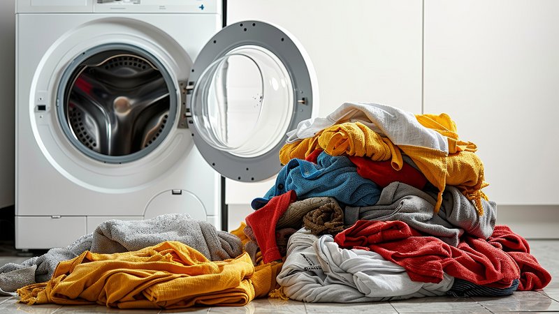 Ein Wäscheberg vor der Waschmaschine