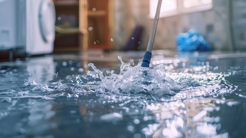 Ein Wischmob wischt Wasser im Keller auf