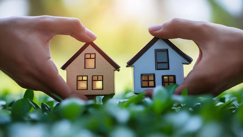 Haustausch, zwei Modellhäuser werden getauscht