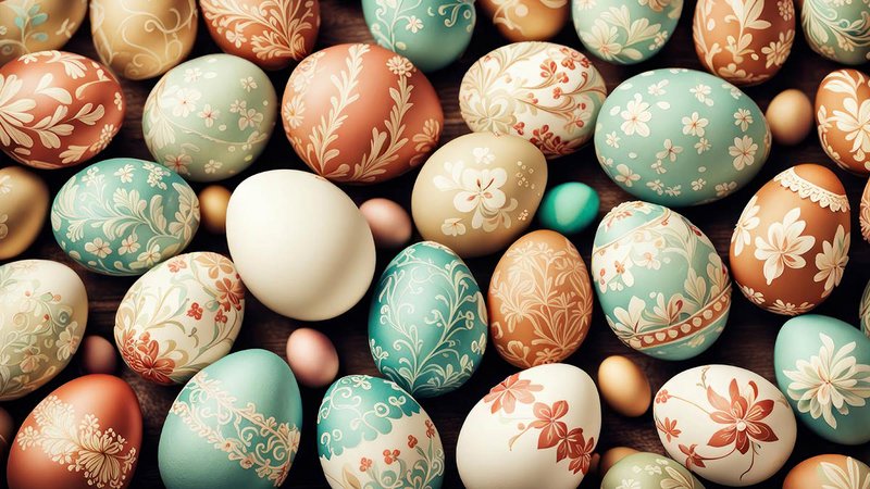 nostalgisch gestaltete Eier in Pastellfarben in verschiedenen Größen