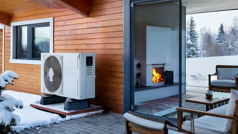 Wärmepumpe und Kaminofen, außen eine Wärmepumpe, innen ein Kaminofen