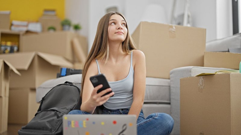 Semesterstart und keine Wohnung, junge Studentin sitzt mit Smartphone in der Hand vor Umzugkartons