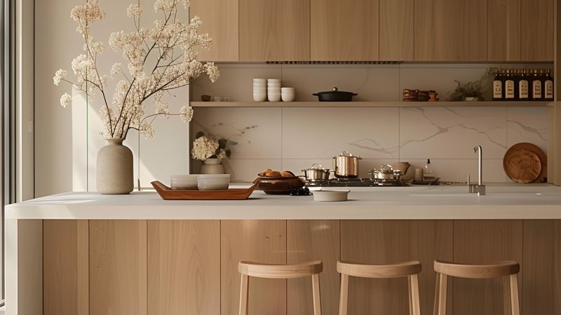 Eine Küche mit Tresen im Japandi-Look
