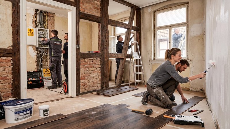 Nachhaltig renovieren, Paar streicht die Wand und verlegt neuen Fußboden, Fachfirma kümmert sich um die Elektrik