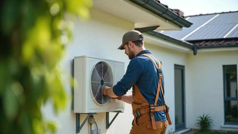 Ein Mann montiert eine Wärmepumpe am Haus - PV-Anlage auf dem Dache