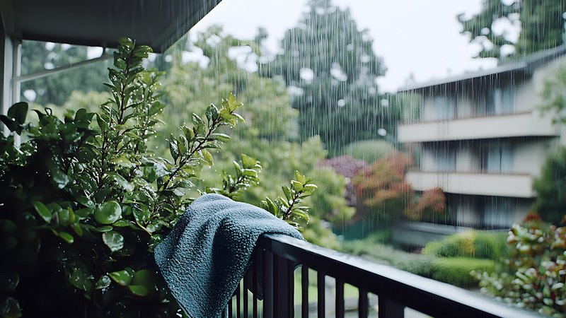 Balkon trotz Regen, Blick vom Balkon auf Regen