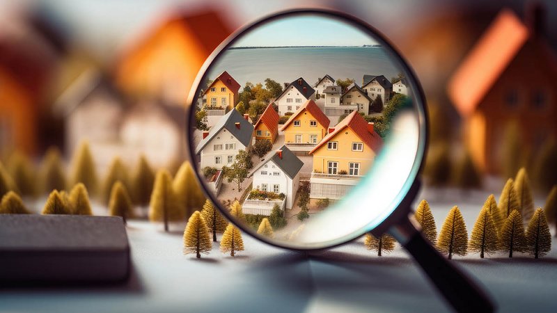 Lupe vor einem Modellwohngebiet