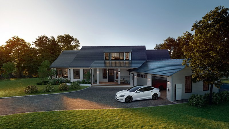 Elon Musks Ideal-Vorstellung: Ein Auto von Tesla vor dem eigenen Haus, btrieben mit Strom aus Solarenergie der eigenen Photovoltaik-Technik und Wallbox. Alles Made in USA. Foto: tesla.com