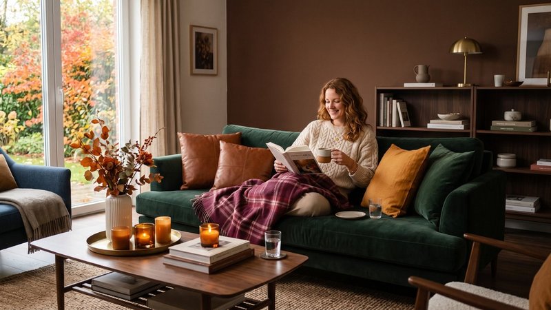 Eine Frau sitzt auf dem Sofa im herbstlich dekorierten Wohnzimmer