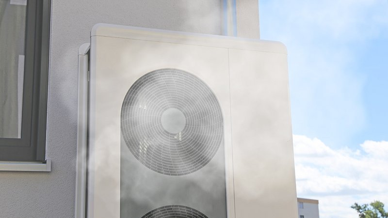 Wärmepumpe dampft, eine Wärmepumpe, aus der Dampf kommt