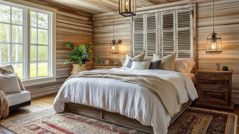 Ein Schlafzimmer mit Wänden aus Holz
