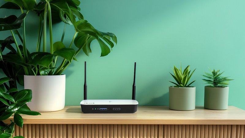 Zimmerpflanzen WLAN, WLAN-Router in der Nähe einer Zimmerpflanze