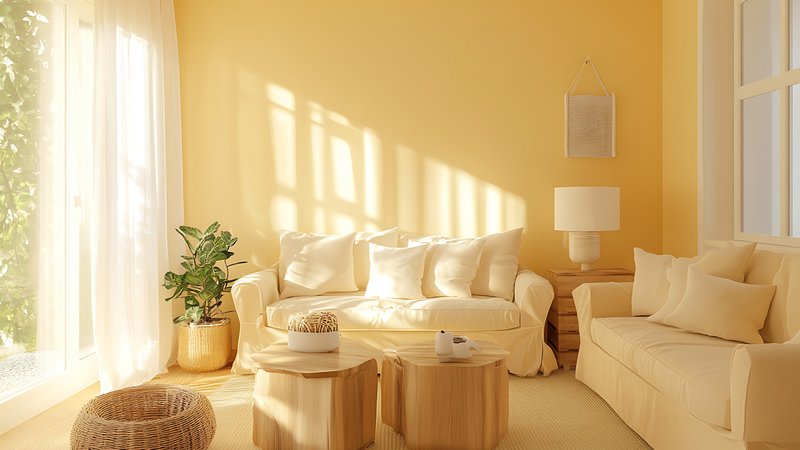 Wohnzimmer mit Wandfarbe in der Trendfarbe Butter Yellow