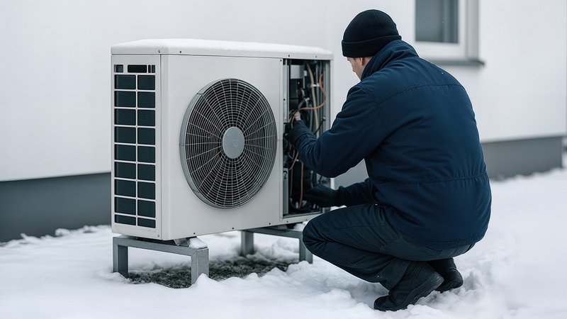 Strengere Wärmepumpenregelungen, Techniker wartet Wärmepumpe im Winter