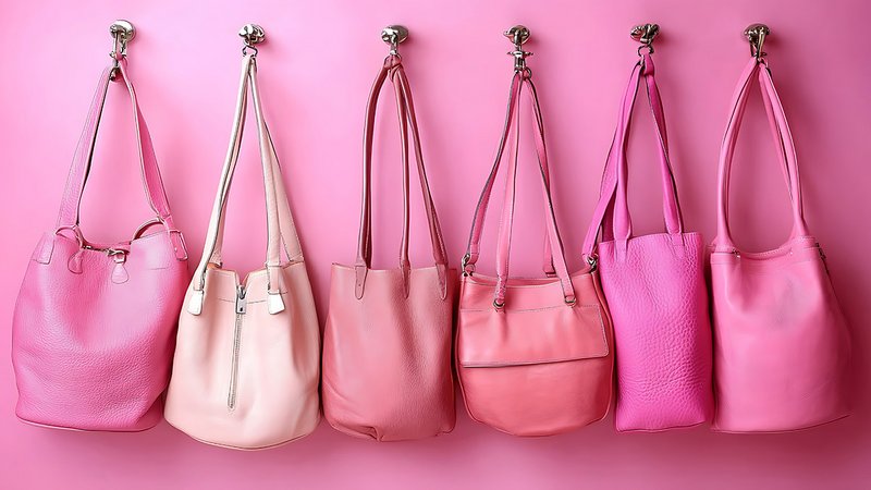 Sechs rosa Handtaschen hängen an einer pinken Wand
