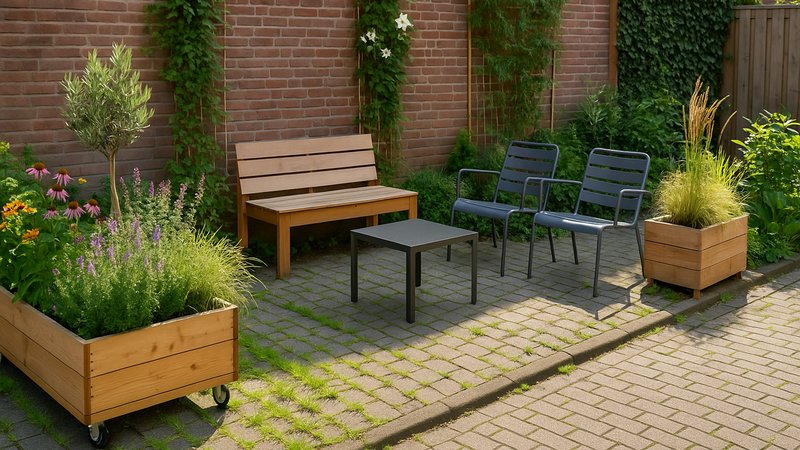 Sitzgelegenheit mit Blumenkästen auf gepflastertem Bereich