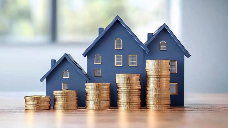 Münzstapel vor Spielzeughäusern