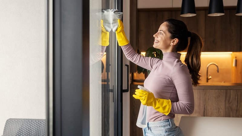 Eine Frau putz ein großes Fenster