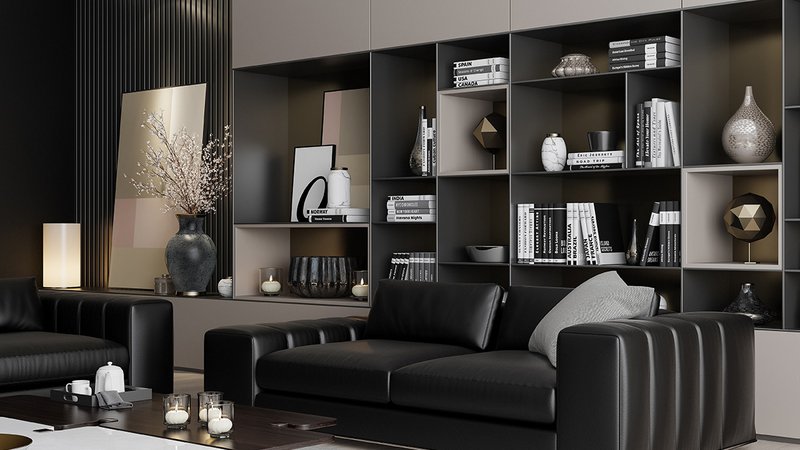 Ein Wohnzimmer mit offener Regalwand