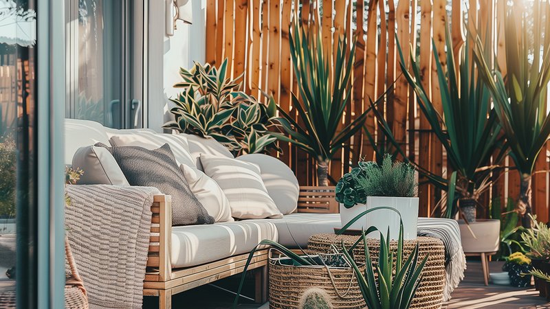 Eine Lounge auf der Terrasse mit Sichtschutz aus Altholz