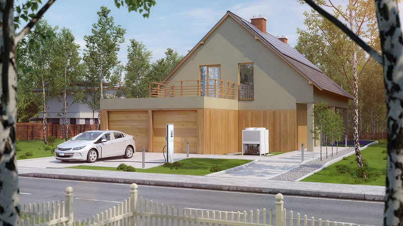 autarkes Haus mit Solardach, Wärmepumpe und E-Ladestation