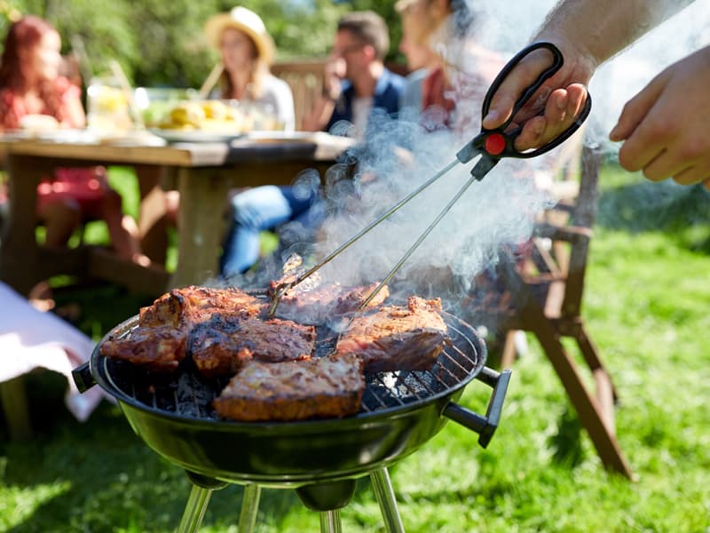 Grillen, Rasenmähen, Nacktsonnen, Mann grillt Steaks und Rauch steigt auf, im Hintergrund sitzen Menschen,