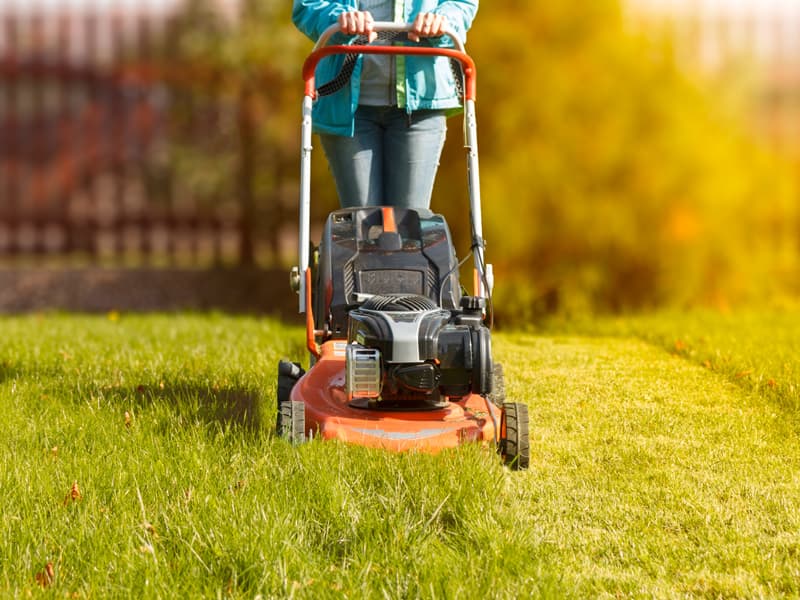 Grillen, Rasenmähen, Nacktsonnen, Frau mäht den Rasen